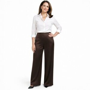 NWT Carmen Marc Valvo Brown Wide Leg Silk Dress Pants 16 Cocktail Party Elegant